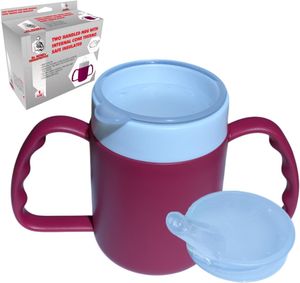 Dr. Bone's Therapeutics ® Two Handled Mug with Internal Cone Blue with Spouted Lid with Small Opening, Drinking aid 140 ml (BlackBerry 2 Lids)