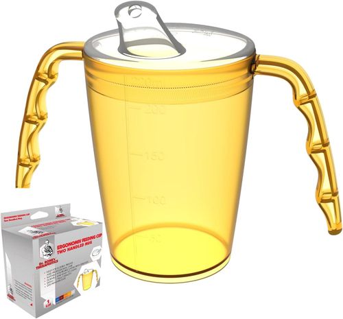 Two handled adult drinking cup 220 ml Red with spouted lid small opening plastic mug for enhanced ergonomics, mug for secure grip even with shaky hands drinking aid, cup for the care, feeding cup
