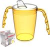 Two handled adult drinking cup 220 ml Red with spouted lid small opening plastic mug for enhanced ergonomics, mug for secure grip even with shaky hands drinking aid, cup for the care, feeding cup