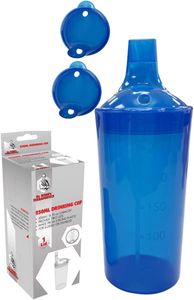 Plastic Feeding Cup with 2 Lids Adult Feeder Beaker with Large & Small Spouts, Straw Holes – Ideal for Liquids & Blended Foods – Easy to Hold, Spill-Resistant, Perfect for Home & Hospital Use (Blue)